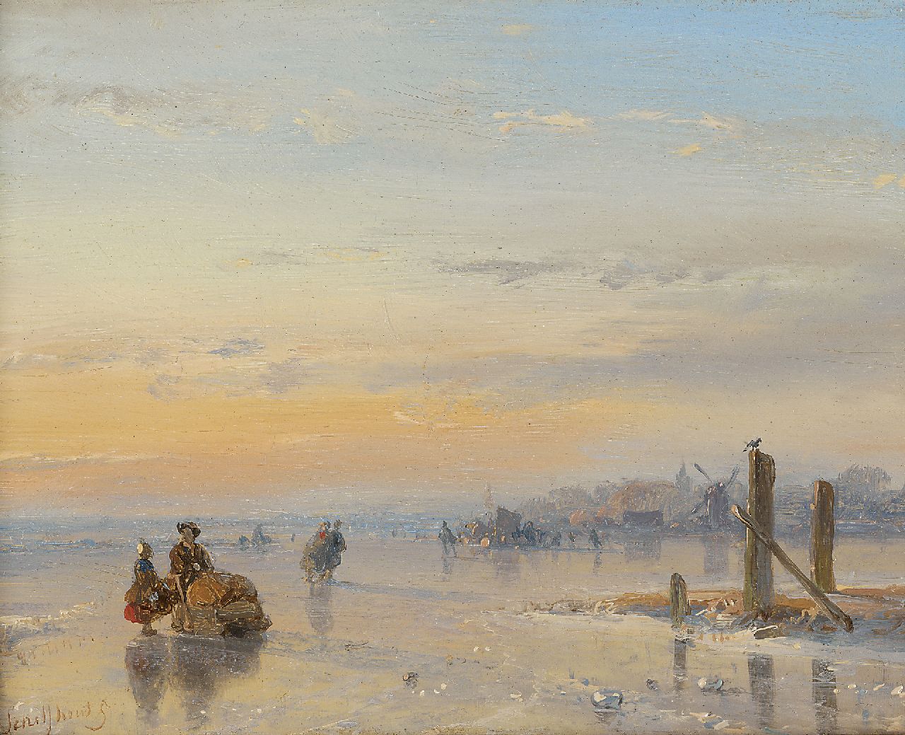 Schelfhout A.  | Andreas Schelfhout, Figures with a sledge and skater on a frozen waterway, oil on panel 11.6 x 14.8 cm, signed l.l. and on the reverse