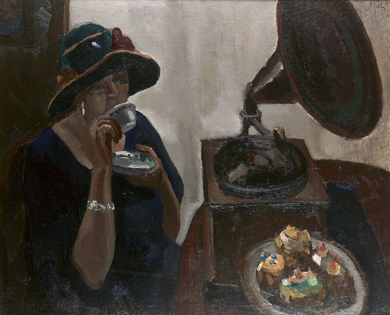 Kelder A.B.  | Antonius Bernardus 'Toon' Kelder | Paintings offered for sale | A lady drinking tea with pastry and a grammophone, oil on canvas 90.4 x 110.4 cm, signed u.r.