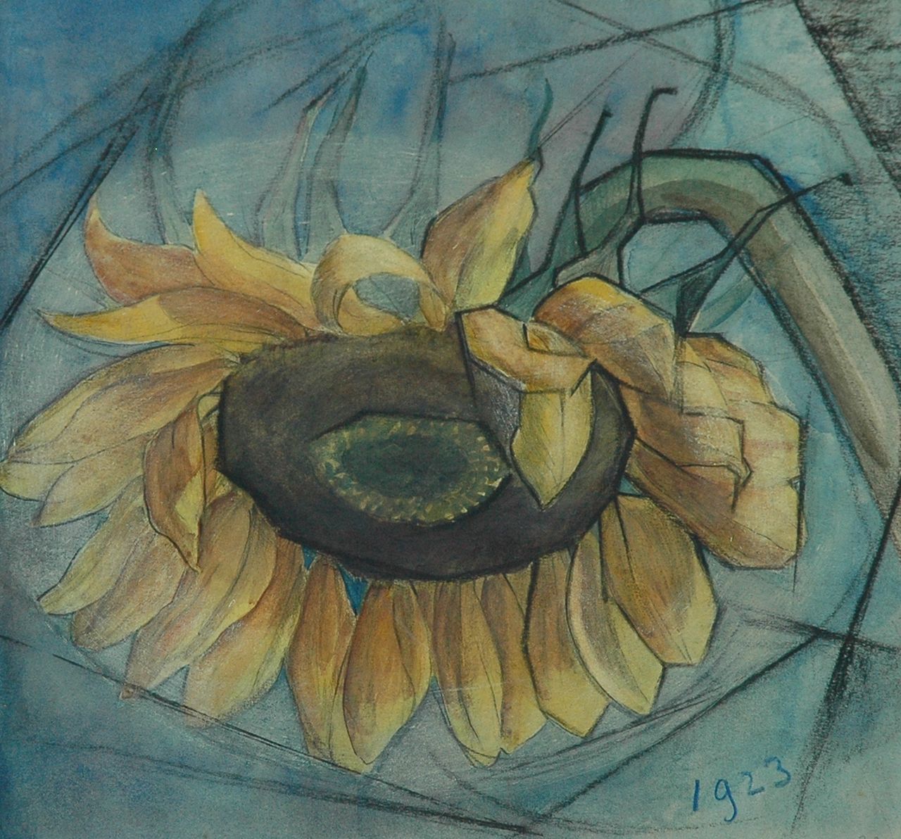 Fiks A.  | Albert Fiks, Sunflower, black chalk and watercolour on paper 25.6 x 25.4 cm, dated 1923