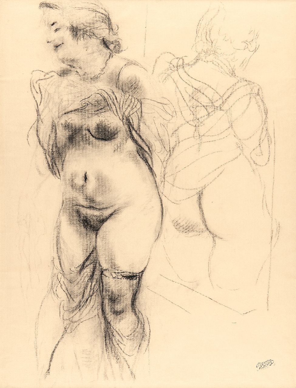 Grosz G.  | George 'Georg' Grosz, Nude with miror image, charcoal on paper 62.0 x 47.0 cm, signed l.r. with stamped signature and to be dated 1939