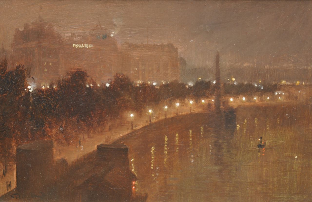 Hyde-Pownall G.  | George Hyde-Pownall, The Victoria Embankement on the river Thames, oil on painter's board 15.2 x 23.2 cm, signed l.l.