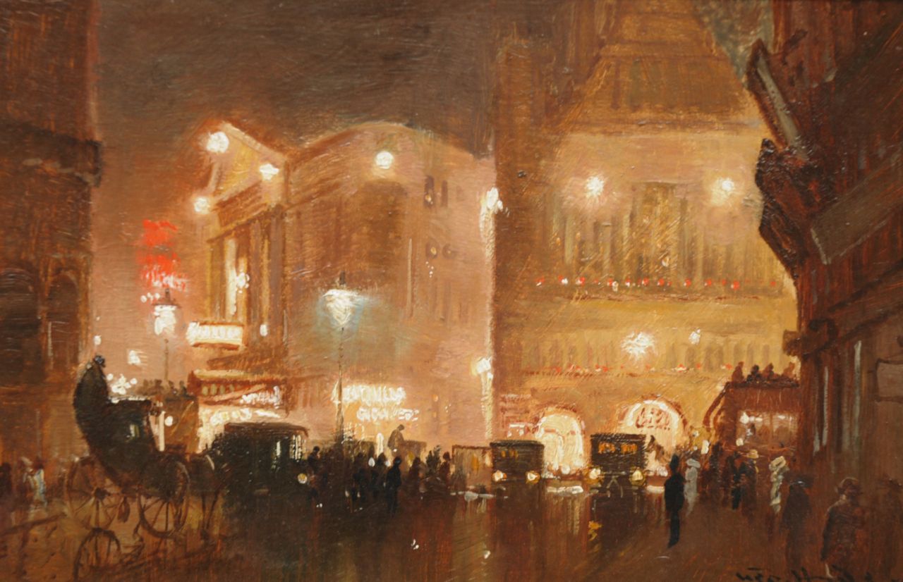 Hyde-Pownall G.  | George Hyde-Pownall, Evening in Haymarket, London, oil on painter's board 15.2 x 23.3 cm, signed l.r.