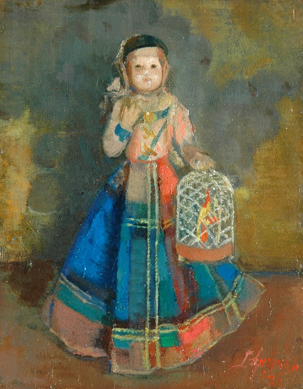 Ansingh M.E.G.  | Maria Elisabeth Georgina 'Lizzy' Ansingh, Little girl with a birdcage, oil on panel 17.9 x 14.0 cm, signed l.r. and dated '36