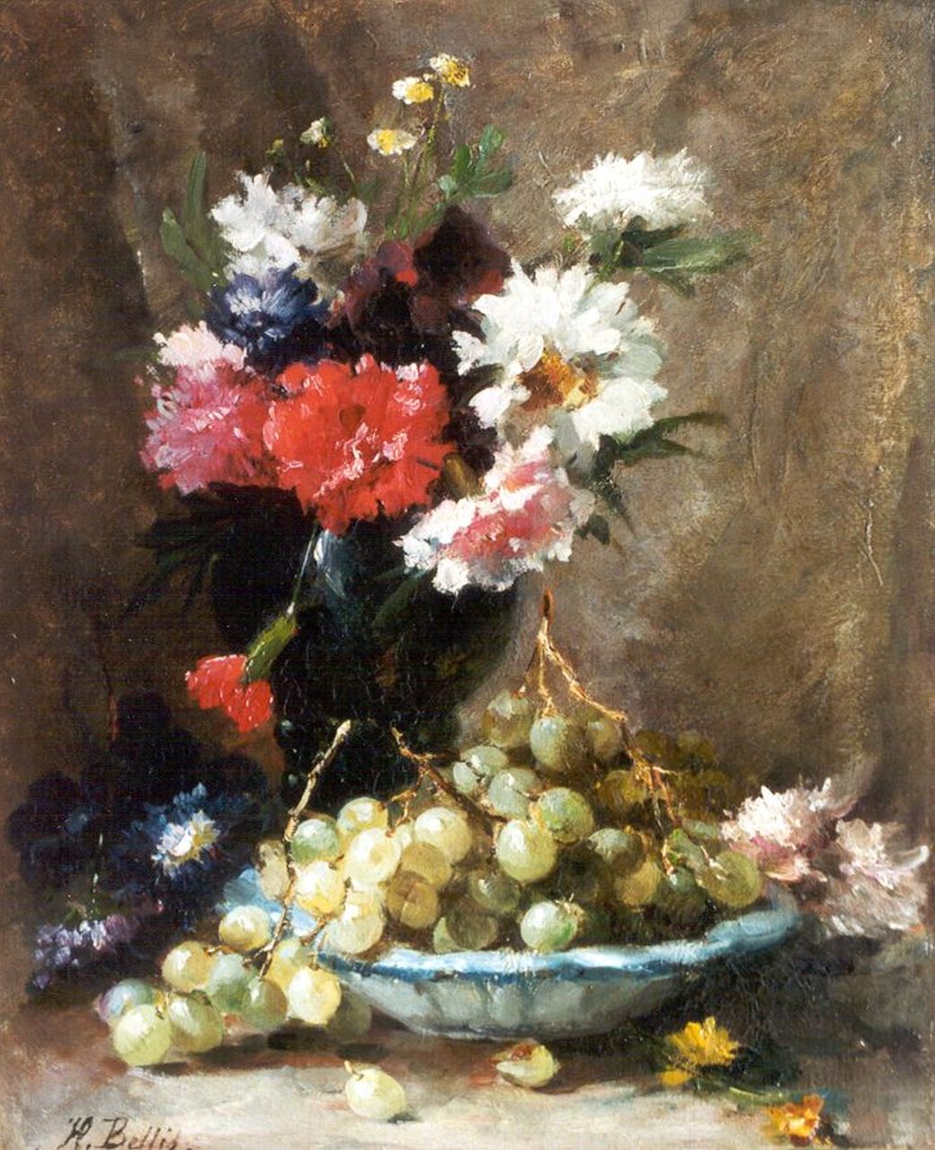Bellis J.L.  | Josse-Lambert 'Hubert' Bellis, Still life with flowers and grapes, oil on canvas 45.0 x 35.0 cm, signed l.l.