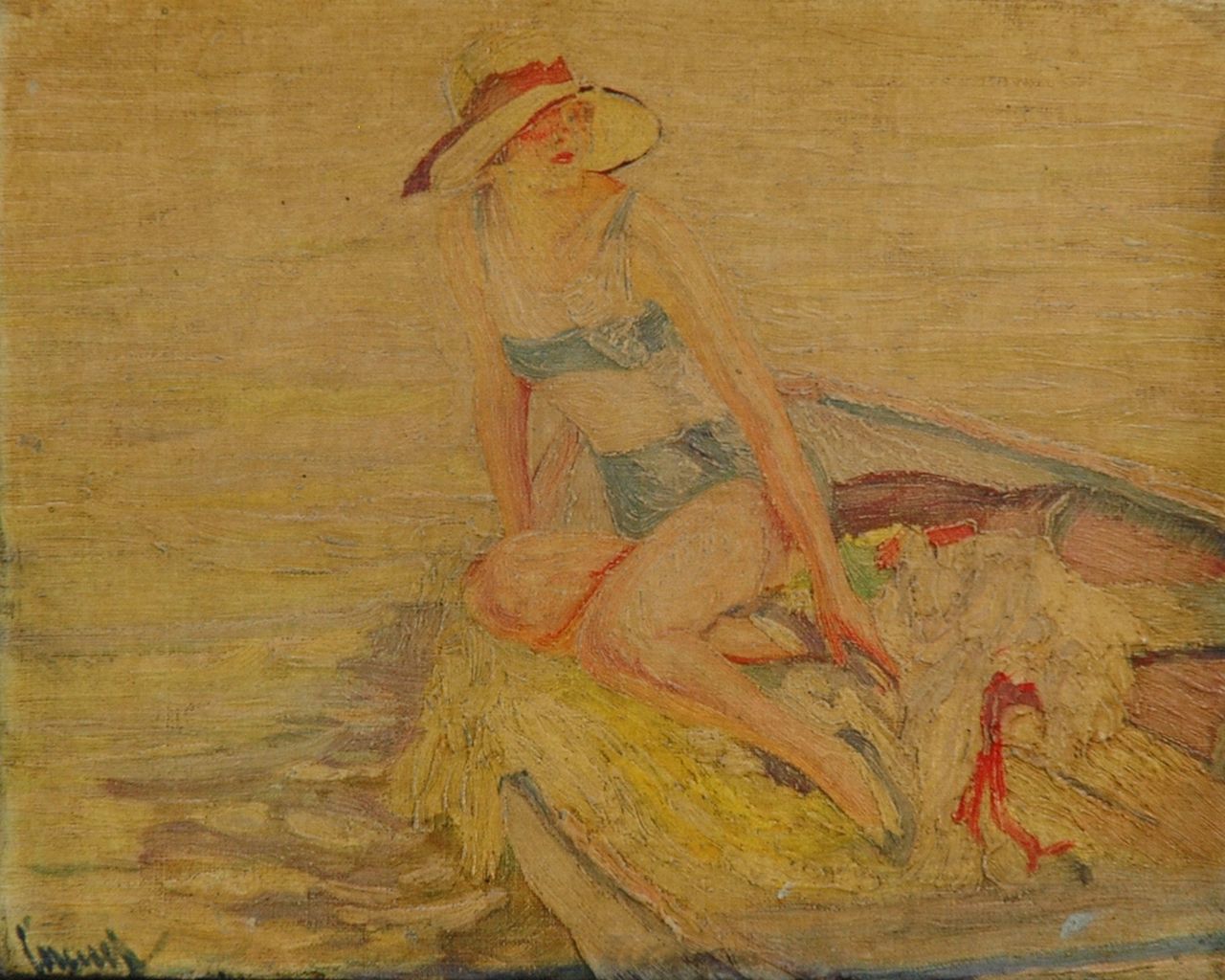 Cucuel E.  | Edward Cucuel, Sunbathing on a boat, oil on canvas 24.0 x 30.0 cm, signed l.l.