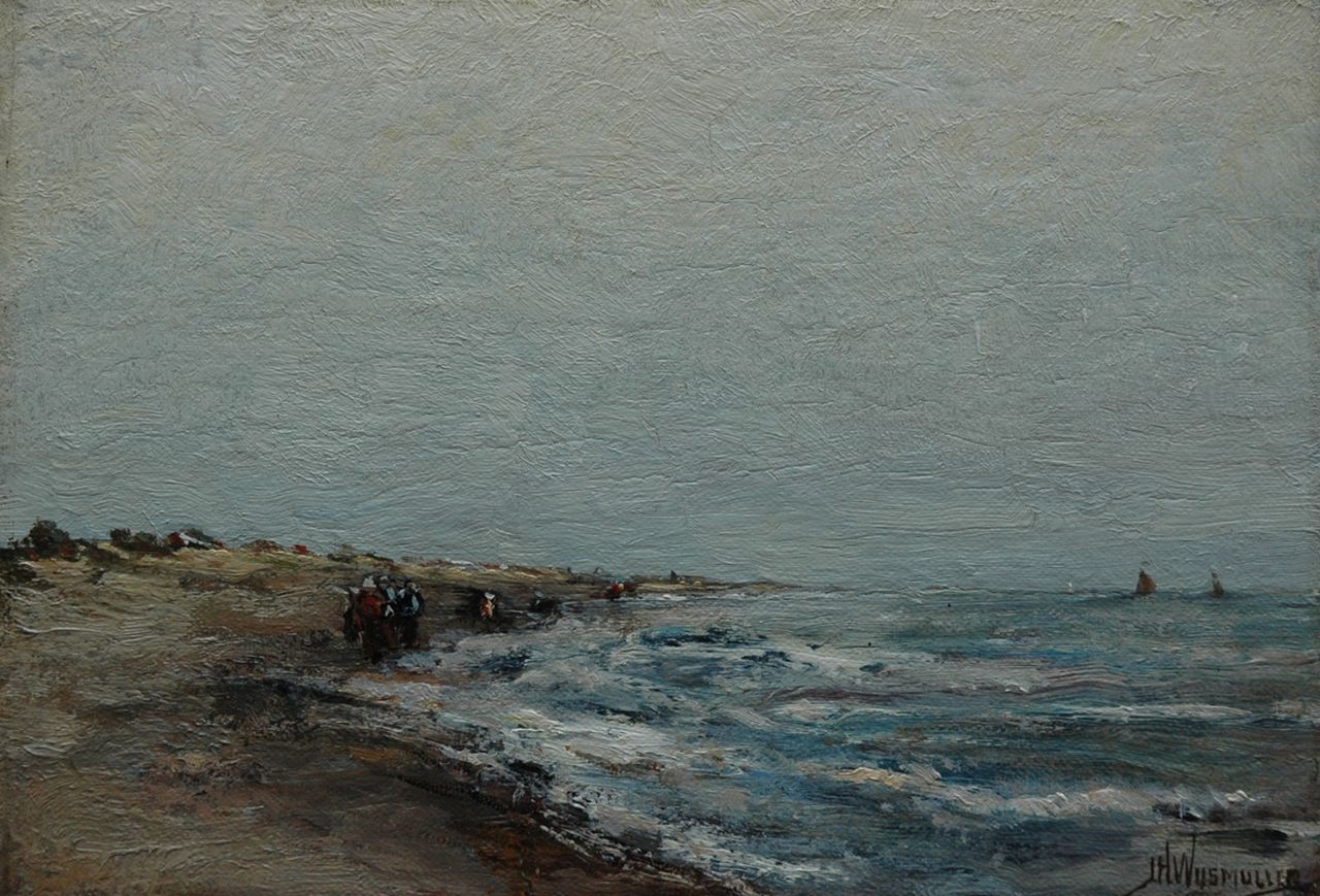 Wijsmuller J.H.  | Jan Hillebrand Wijsmuller, Fisher folk on a beach, oil on canvas laid down on panel 18.2 x 26.3 cm, signed l.r.