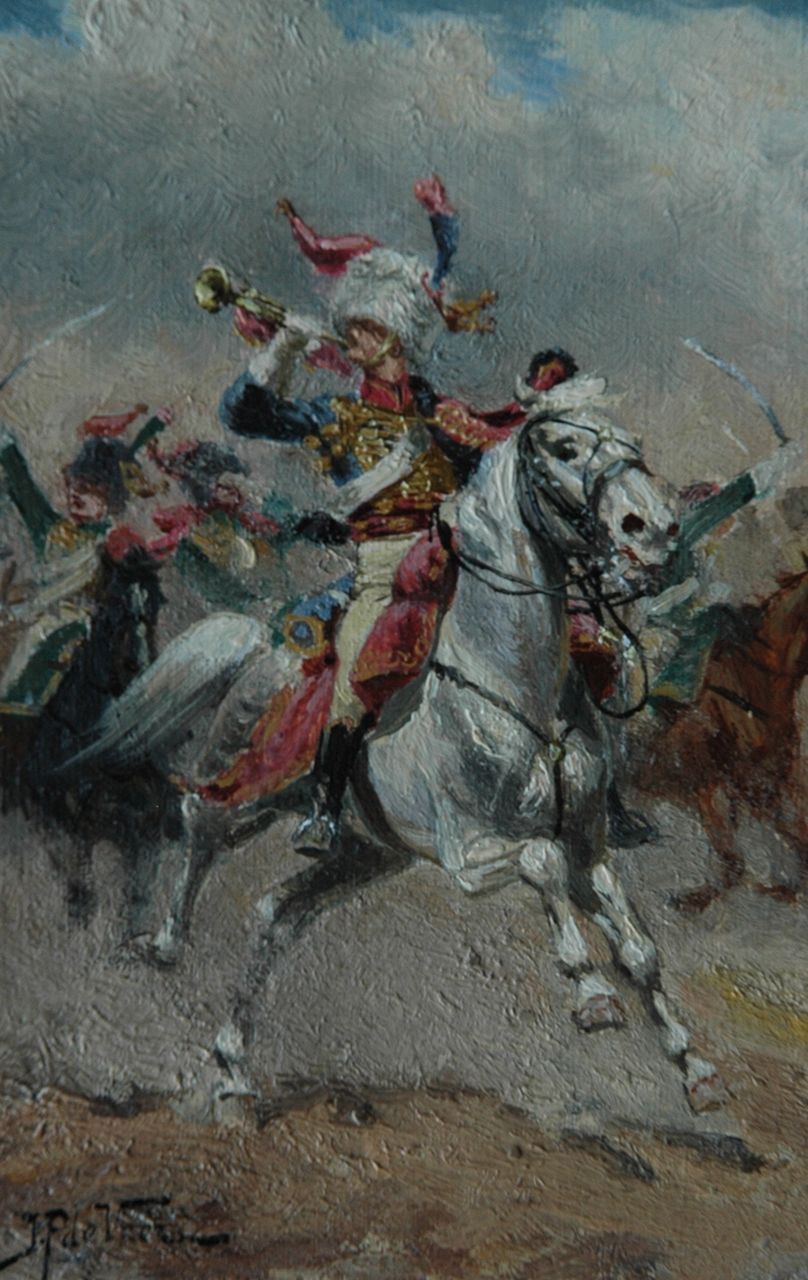 Veer J.P. de | Justus Pieter de Veer, Cavalery on their horses, oil on paper 14.4 x 9.8 cm, signed l.l.