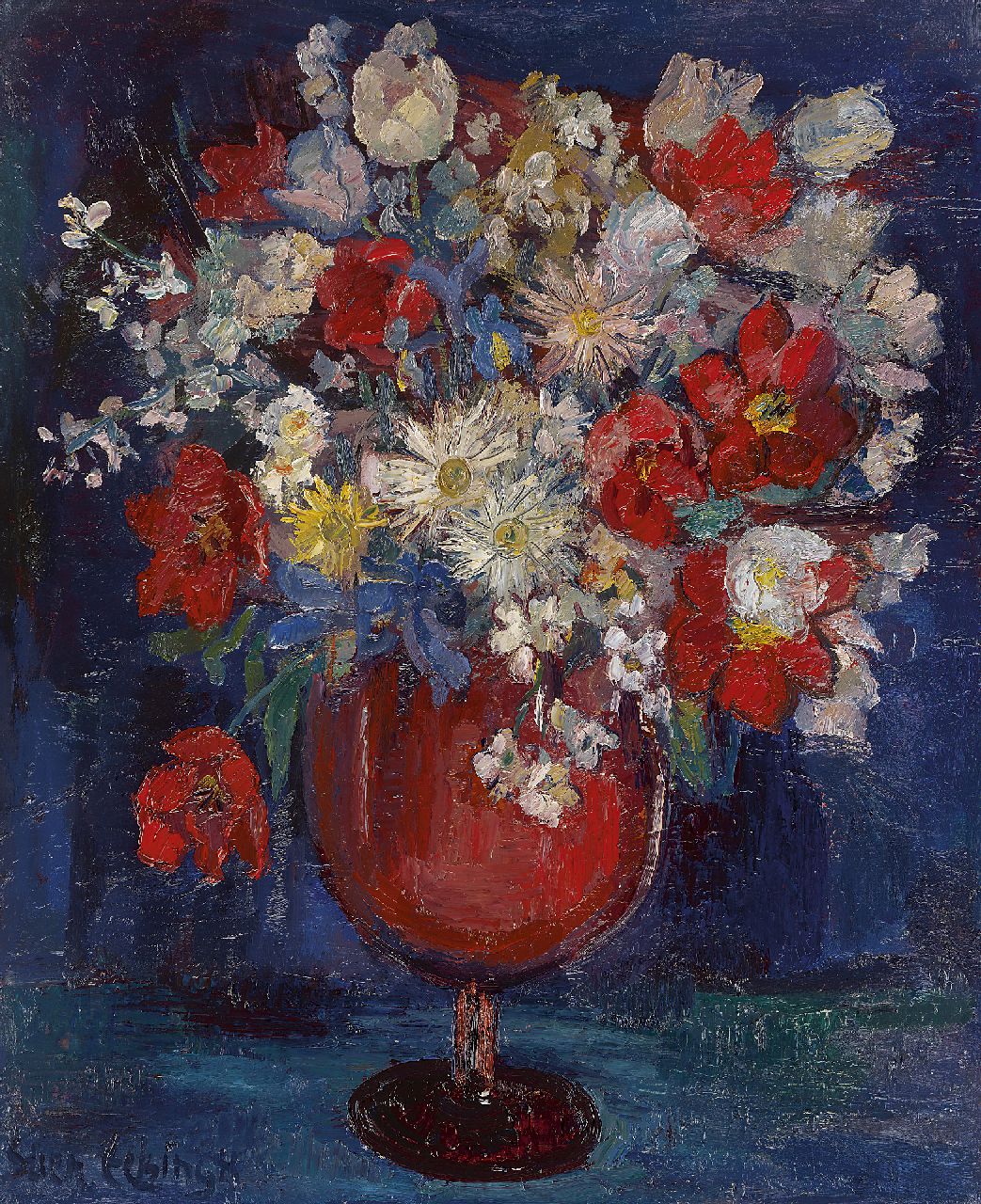 Eelsingh C.  | Christiana 'Stien' Eelsingh, Bouquet of flowers in a red vase, oil on canvas 74.7 x 61.9 cm, signed l.l. and executed ca. '50