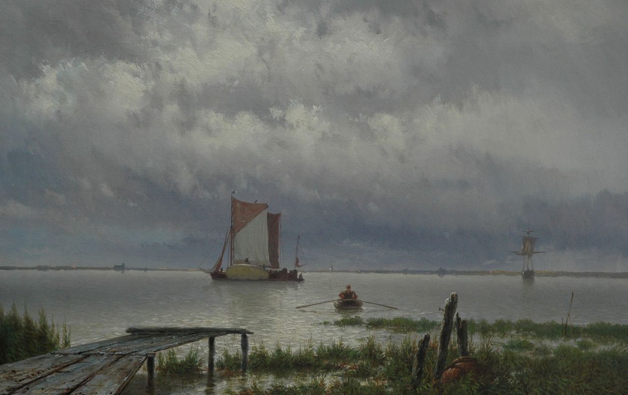 Koekkoek J.H.B.  | Johannes Hermanus Barend 'Jan H.B.' Koekkoek, Moored barges at sunset, oil on canvas 33.2 x 52.0 cm, signed l.l.