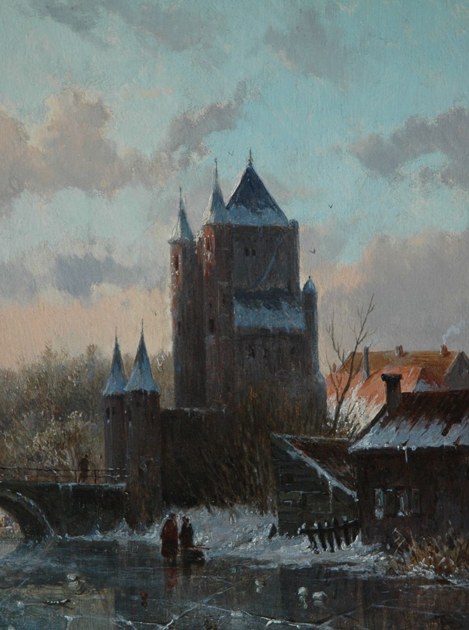 Eversen A.  | Adrianus Eversen, The Amsterdamse Poort in Haarlem in winter, oil on panel 19.1 x 14.8 cm, signed l.r. with monogram