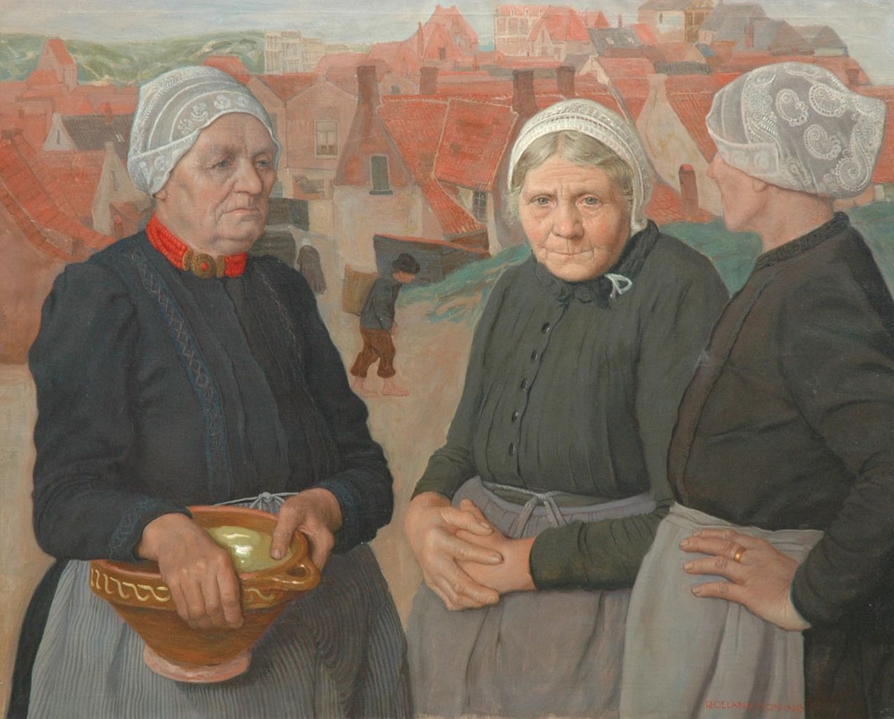 Koning R.  | Roeland Koning, Fishermen's wives from Egmond, oil on canvas 91.0 x 112.4 cm, signed l.r. and painted ca. 1924-1927