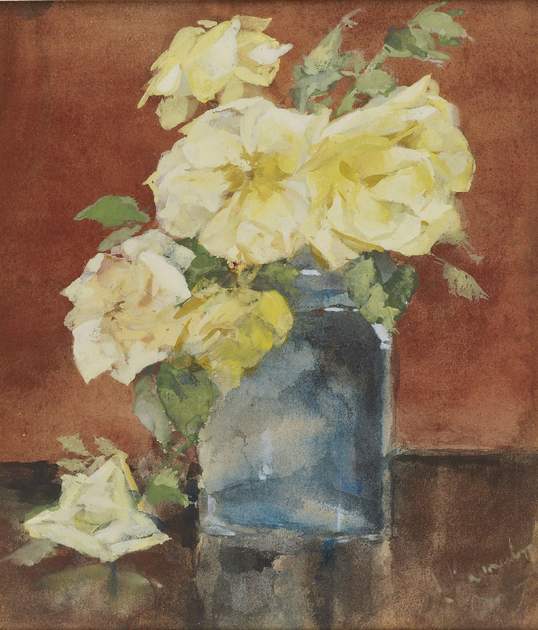 Kamerlingh Onnes M.  | Menso Kamerlingh Onnes, Glass vase with roses, pencil and watercolour on paper 25.3 x 21.1 cm, signed l.r. and painted circa 1885