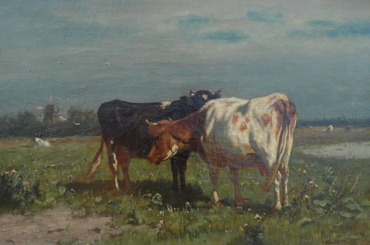 Haas J.H.L. de | Johannes Hubertus Leonardus de Haas, Two cows in a meadow, oil on canvas 30.3 x 45.6 cm