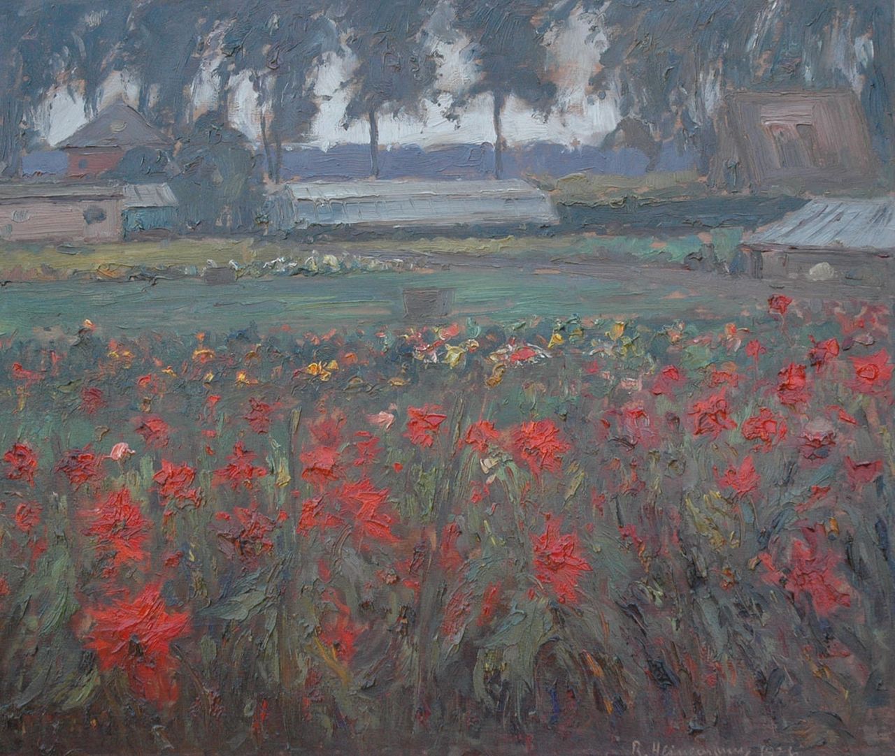Heinemann R.W.  | Reinhard W. Heinemann, Dahlias near Heel, oil on panel 56.9 x 67.3 cm, signed l.r. and painted 1926