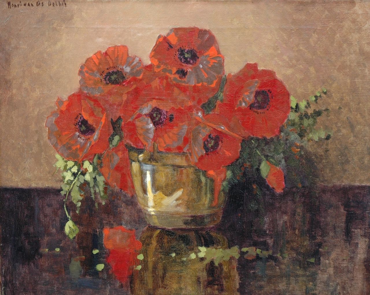 Os-Delhez (Hendrik van Os) H. van | Hendrik 'Henri' van Os-Delhez (Hendrik van Os), Poppy flowers in a copper bowl, oil on canvas 40.2 x 50.3 cm, signed u.l.