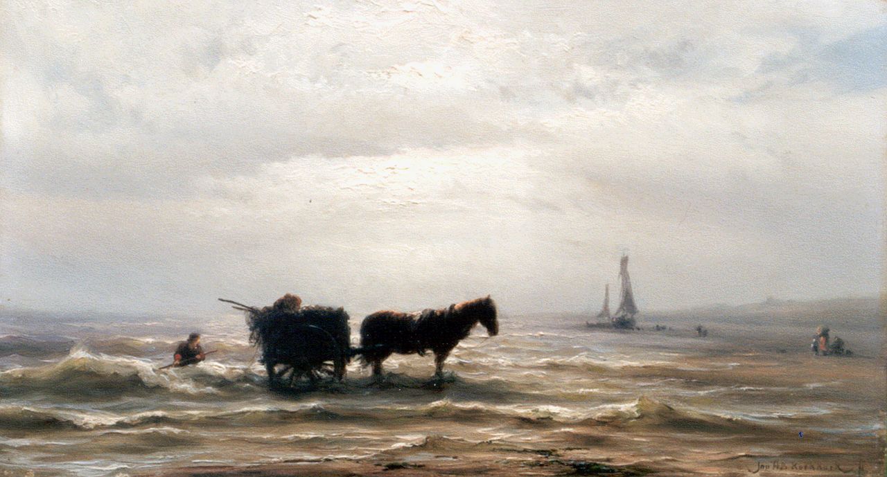 Koekkoek J.H.B.  | Johannes Hermanus Barend 'Jan H.B.' Koekkoek, Shellgatherer in the surf, Zandvoort, oil on panel 23.2 x 41.0 cm, signed l.r.