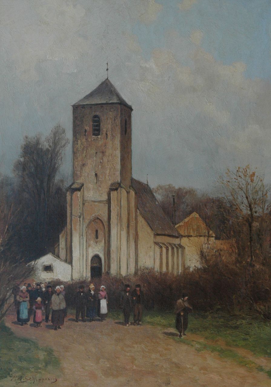 Schipperus P.A.  | Pieter Adrianus 'Piet' Schipperus, People leaving the Grote Kerk, Lisse, oil on canvas 40.8 x 29.3 cm, signed l.l.