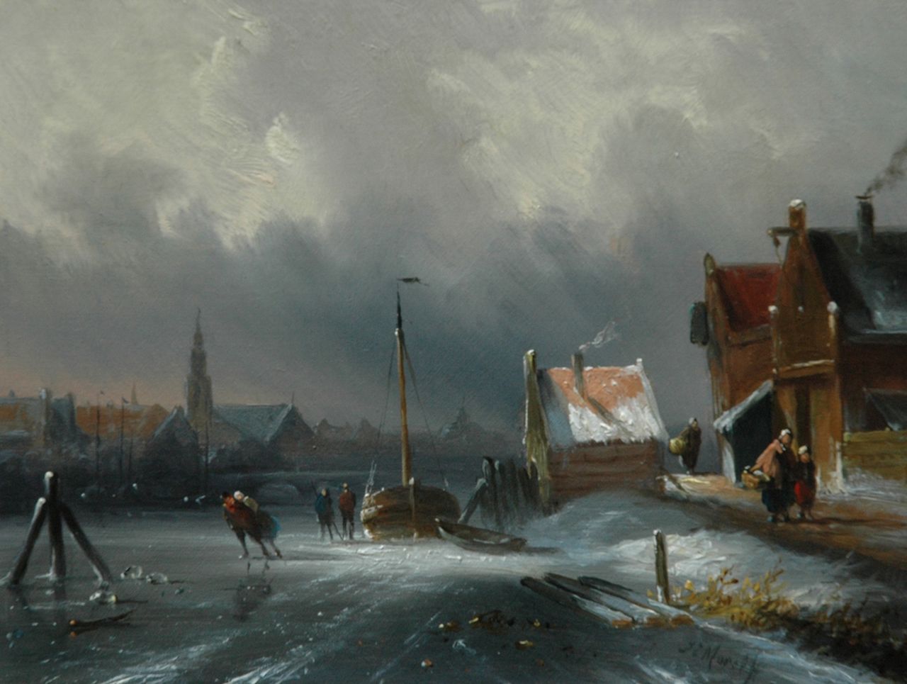 Morel II J.E.  | Jan Evert Morel II, A frozen canal with skaters, oil on panel 15.3 x 20.5 cm, signed l.r.