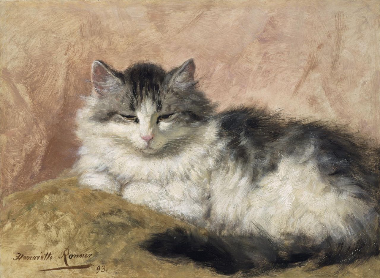 Ronner-Knip H.  | Henriette Ronner-Knip, A cat, oil on panel 26.9 x 36.0 cm, signed l.l. and dated '93