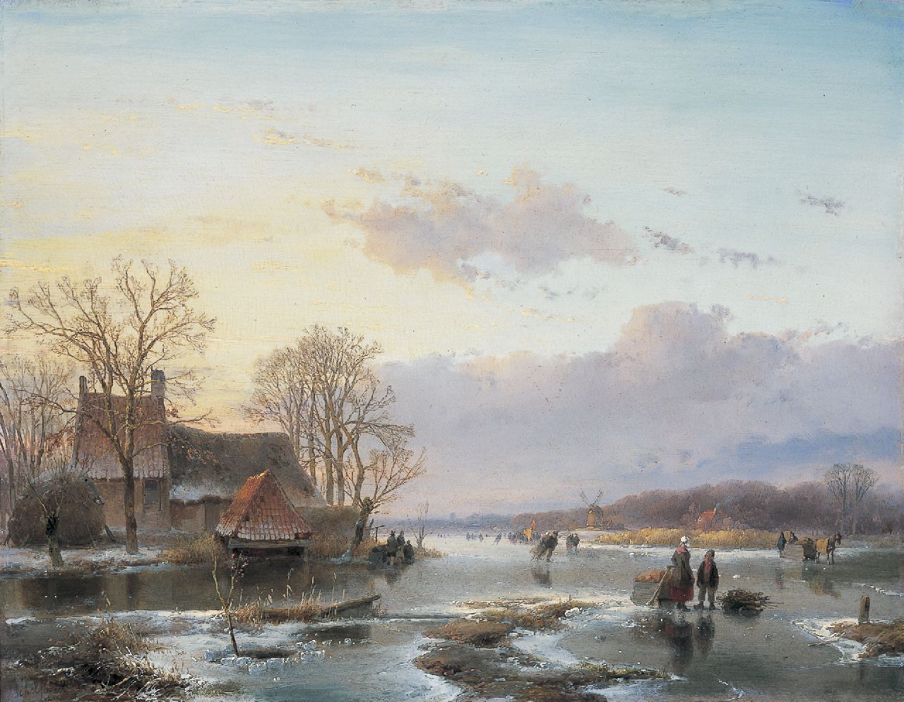 Schelfhout A.  | Andreas Schelfhout, Skaters on a frozen polder canal, oil on panel 37.6 x 48.4 cm, signed l.l. and painted circa 1845