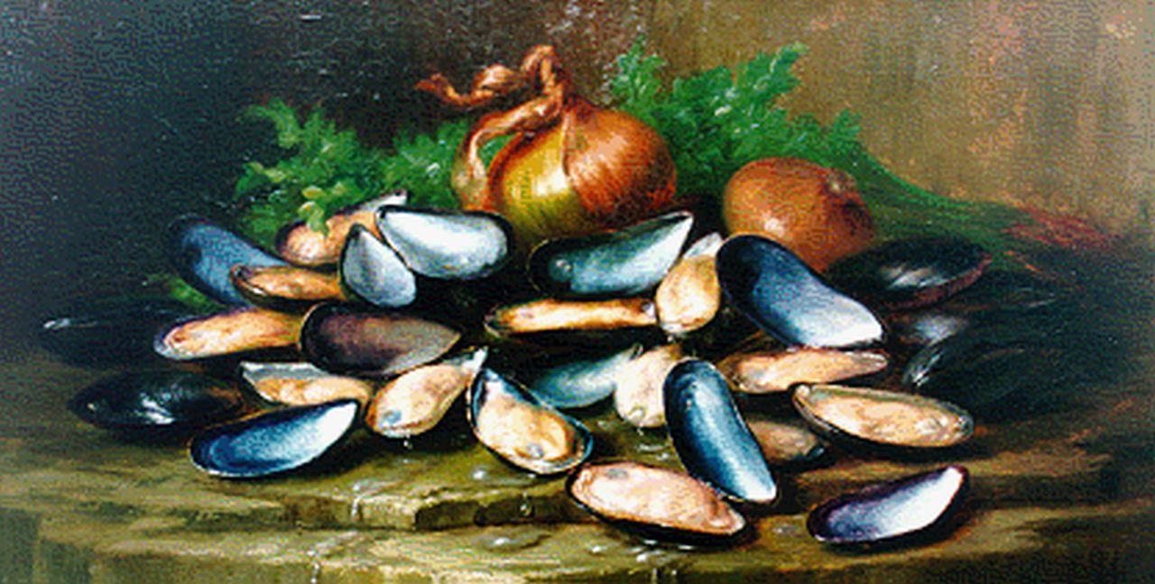 Ryswyck E. van | Edward van Ryswyck, A still life with mussels and onions, oil on canvas 28.5 x 52.3 cm, signed l.r.