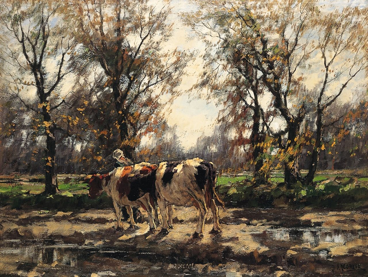 Gorter A.M.  | 'Arnold' Marc Gorter, A milkmaid with her cows after an autumn shower, oil on canvas 75.0 x 100.5 cm, signed l.r.