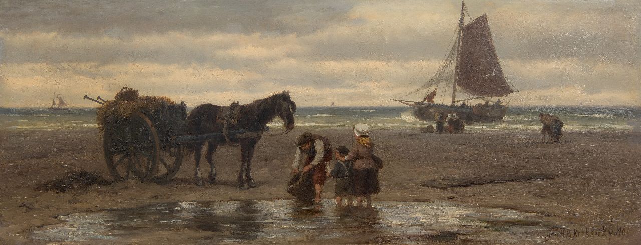 Koekkoek J.H.B.  | Johannes Hermanus Barend 'Jan H.B.' Koekkoek | Paintings offered for sale | Shell fisherman and family on the beach, oil on canvas 24.2 x 62.7 cm, signed r.l.