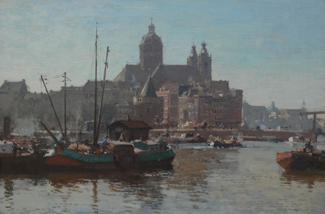 Vreedenburgh C.  | Cornelis Vreedenburgh, A view of the IJ and the St.-Nicolaas church in Amsterdam, oil on canvas 40.2 x 60.2 cm, signed l.r. and dated 1927