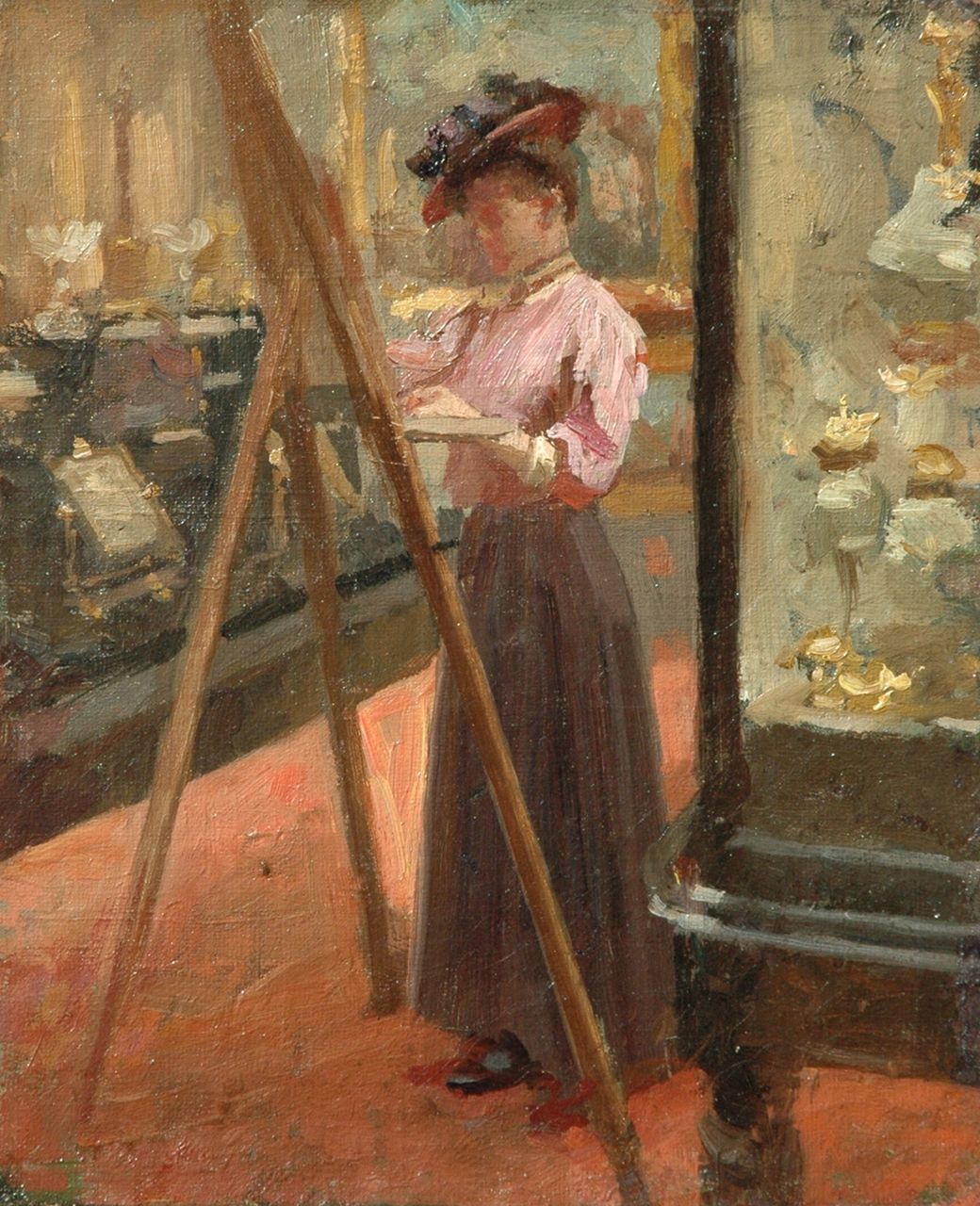 Engelse school, eind 19e eeuw   | Engelse school, eind 19e eeuw, The woman impressionist, oil on canvas 27.0 x 22.3 cm