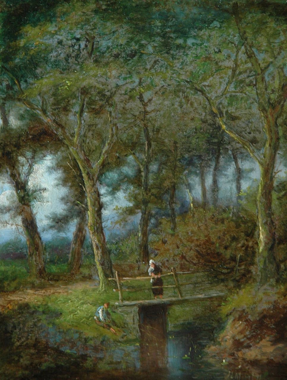 Morel II J.E.  | Jan Evert Morel II, Land folk by a bridge in the forest, oil on panel 20.2 x 15.5 cm, signed l.r.