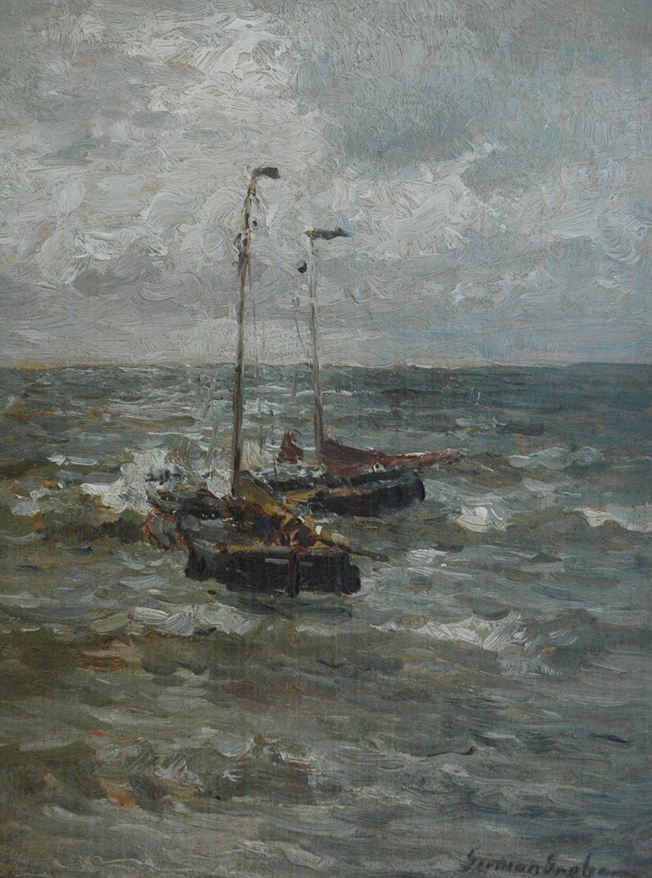 Grobe P.G.  | Philipp 'German' Grobe, Two barges at sea, oil on canvas laid down on panel 35.4 x 26.8 cm, signed l.r.