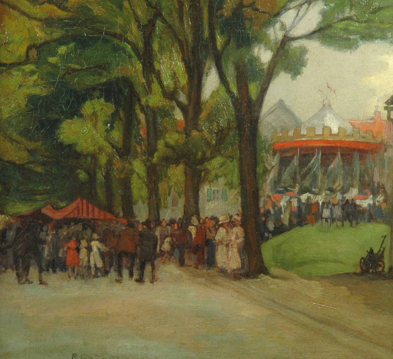 Gauer B.  | Bernhard Gauer, Fair at the Hofgarten, Düsseldorf, oil on canvas 43.4 x 48.4 cm, signed l.o.t.c. and dated 'Dd 1922'