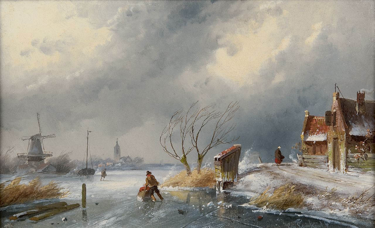 Leickert C.H.J.  | 'Charles' Henri Joseph Leickert, Winter landscape with skaters and a sledge, oil on panel 16.2 x 26.2 cm, signed l.r.