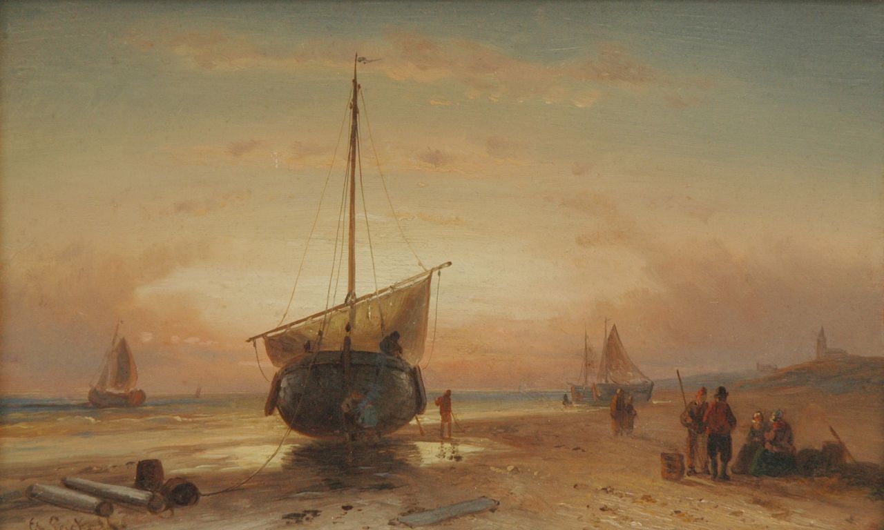 Leickert C.H.J.  | 'Charles' Henri Joseph Leickert, Barge on the beach at sunset, oil on panel 16.2 x 26.2 cm, signed l.l.