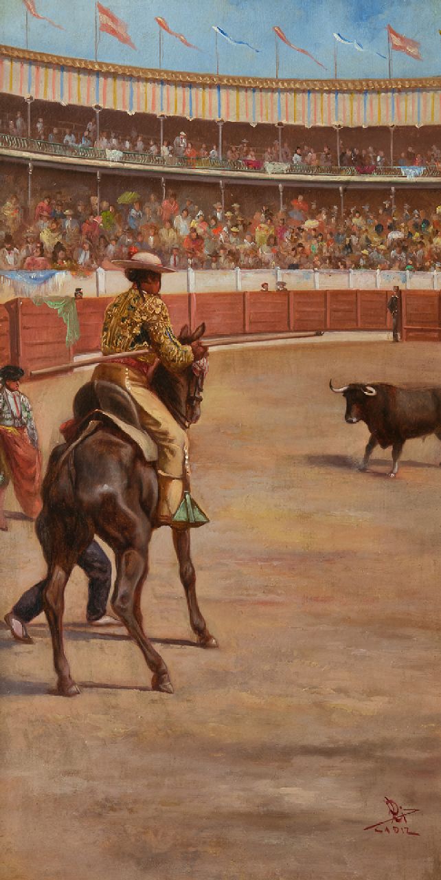 Spaanse School, begin 20e eeuw   | Spaanse School, begin 20e eeuw | Paintings offered for sale | Torero in action, Cadiz, oil on panel 42.5 x 22.3 cm, signed l.r. with initials