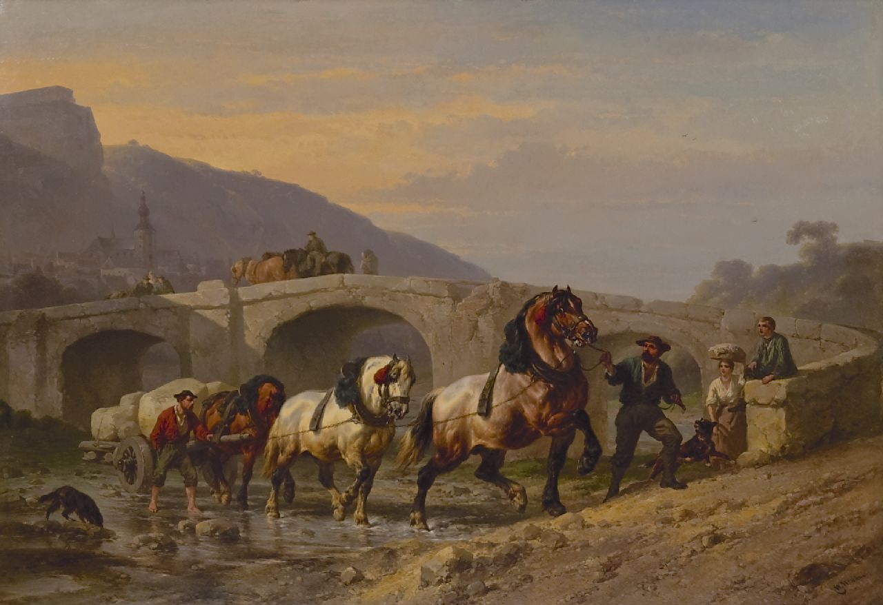 Verschuur W.  | Wouterus Verschuur, Workhorses near a bridge, oil on panel 69.0 x 100.5 cm, signed l.r.