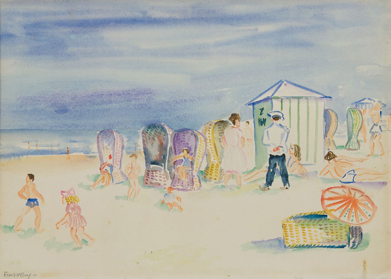 Berg J.F. van den | Johannes Fredericus 'Freek' van den Berg, Beach scene with figures, watercolour on paper 38.2 x 54.5 cm, signed l.l.