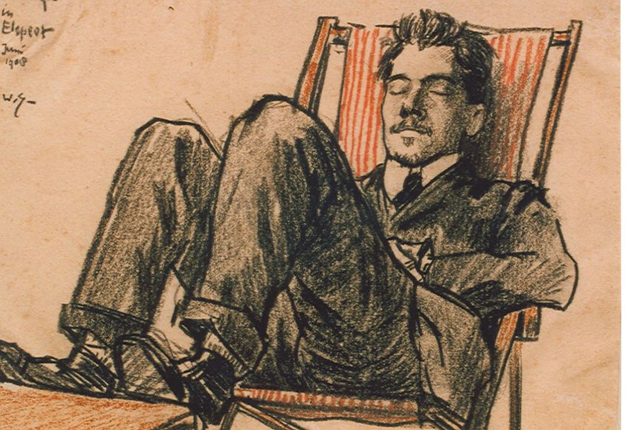 Sluiter J.W.  | Jan Willem 'Willy' Sluiter, 'C. van Wijk' resting, Elspeet, chalk on paper 13.5 x 19.0 cm, signed l.r. with monogram and dated 1908