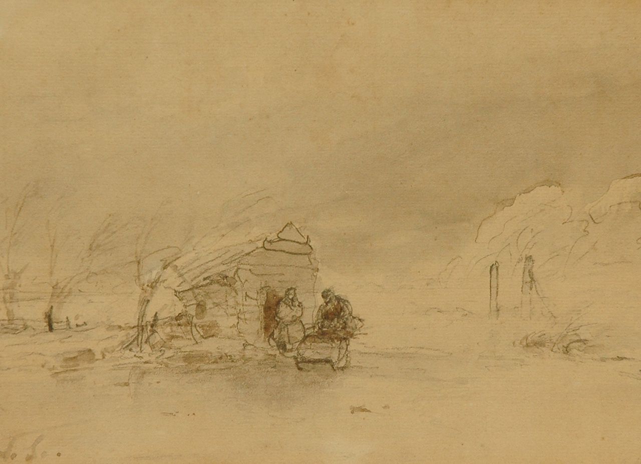 Schelfhout A.  | Andreas Schelfhout, A winter landscape with skater, pencil and watercolour on paper 14.5 x 19.7 cm, signed l.l. with initials