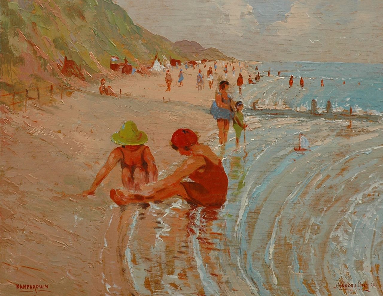 Johan van der Bilt | Children playing on the beach of Kamperduin, oil on panel, 34.7 x 45.0 cm, signed l.r. and dated '34