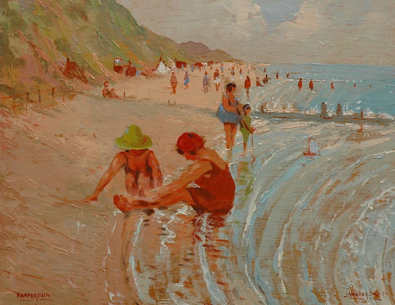 Bilt J.F.W. van der | Johannes Franciscus Willebrordus 'Johan' van der Bilt, Children playing on the beach of Kamperduin, oil on panel 34.7 x 45.0 cm, signed l.r. and dated '34