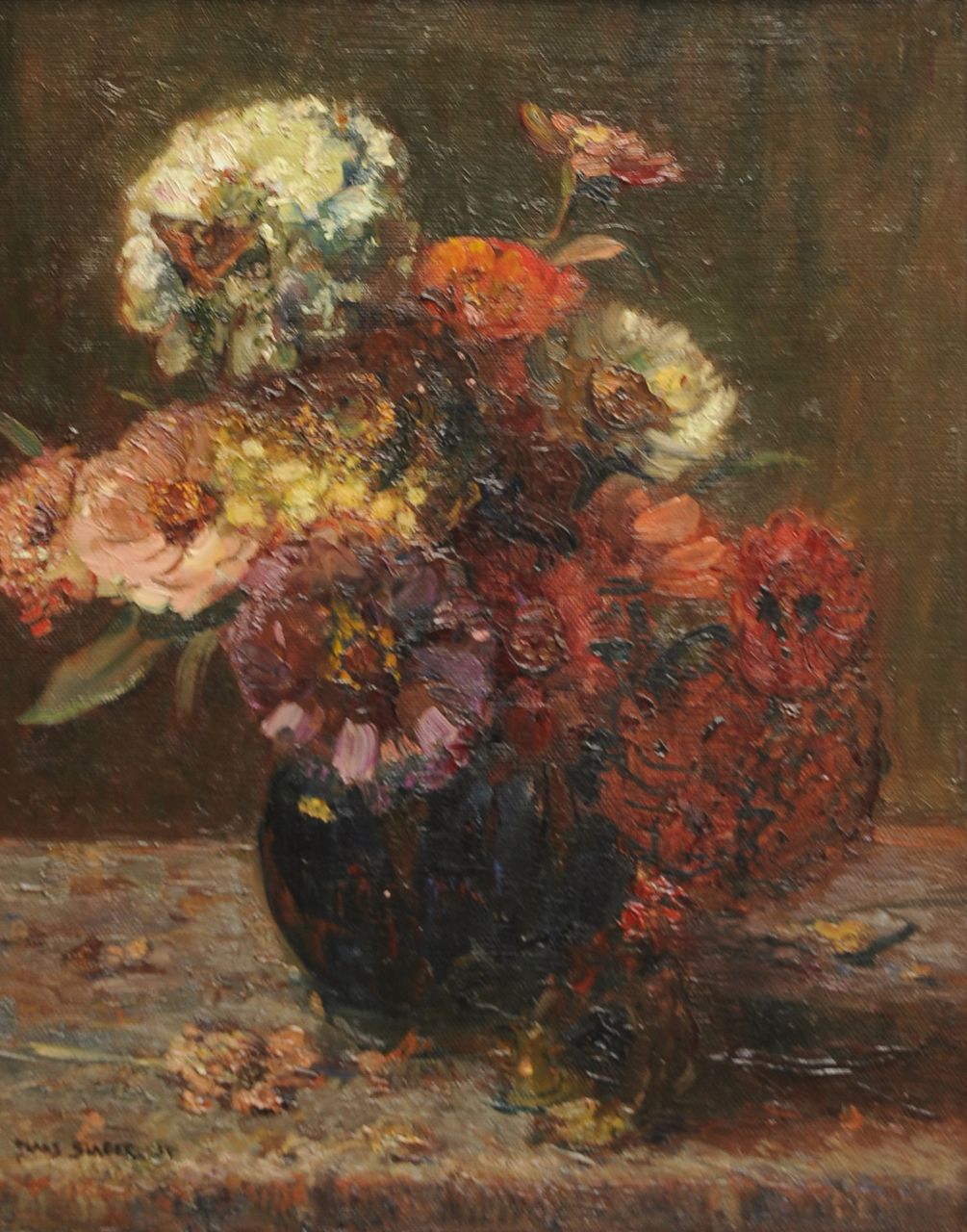 Slager F.F.  | Frédéric François 'Frans' Slager, Still life with cinia's and butterfly, oil on canvas 50.1 x 40.3 cm, signed l.l. and dated '34