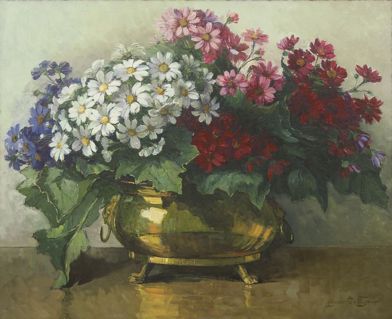 Slager J.J.M.  | 'Jeanette' Josephia Maria Slager, Cineraria in a copper pot, oil on canvas 80.8 x 100.6 cm, signed l.r.