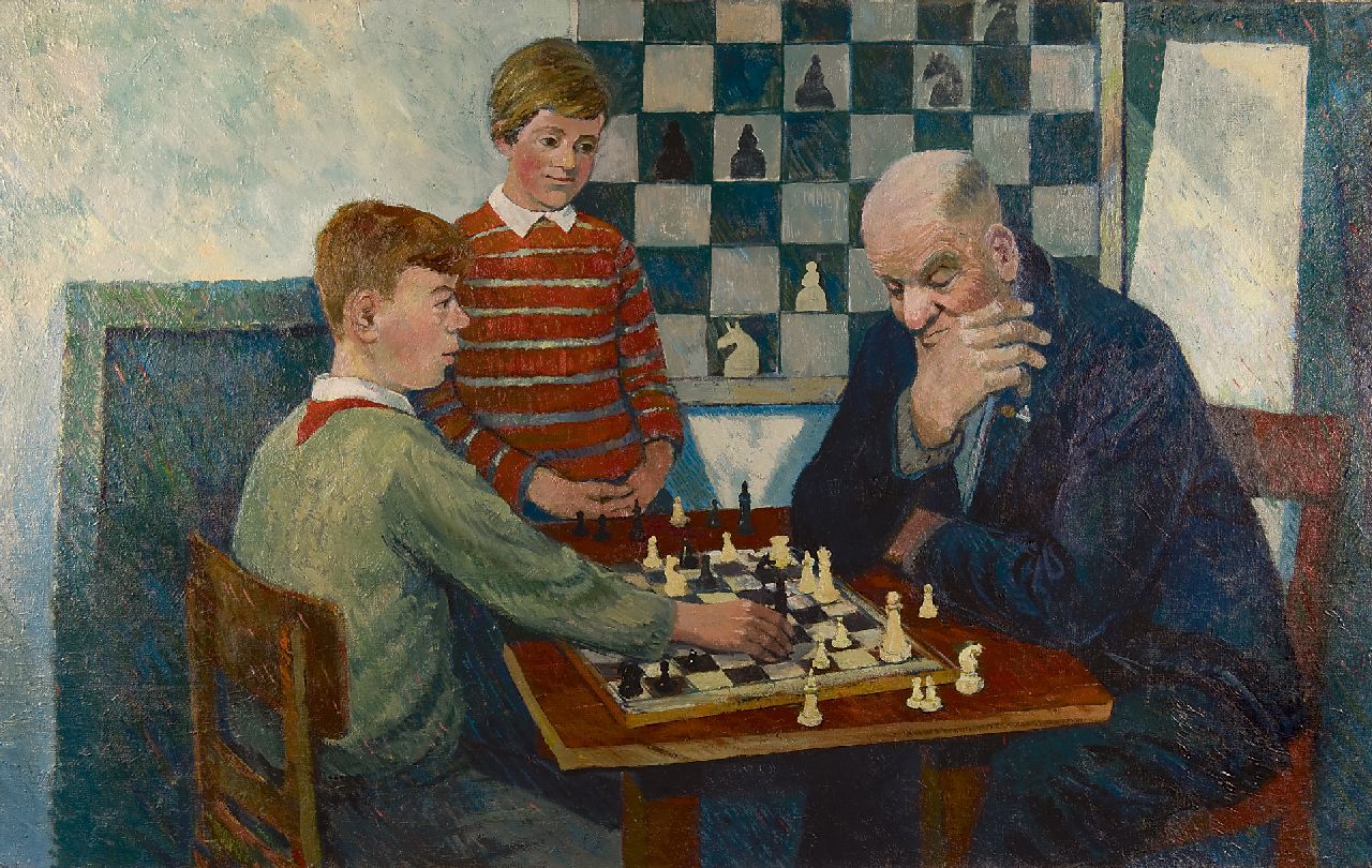 Rackwitz G.  | Günter Rackwitz | Paintings offered for sale | Chess players, oil on canvas 99.6 x 161.2 cm, signed u.r. and dated '65