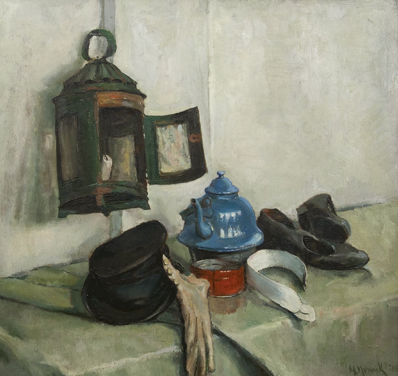 Munnik A.H.  | Andries Hendrik 'Henk' Munnik | Paintings offered for sale | A still life with a lantern and kettle, oil on panel 70.0 x 73.3 cm, signed l.r. and dated '35