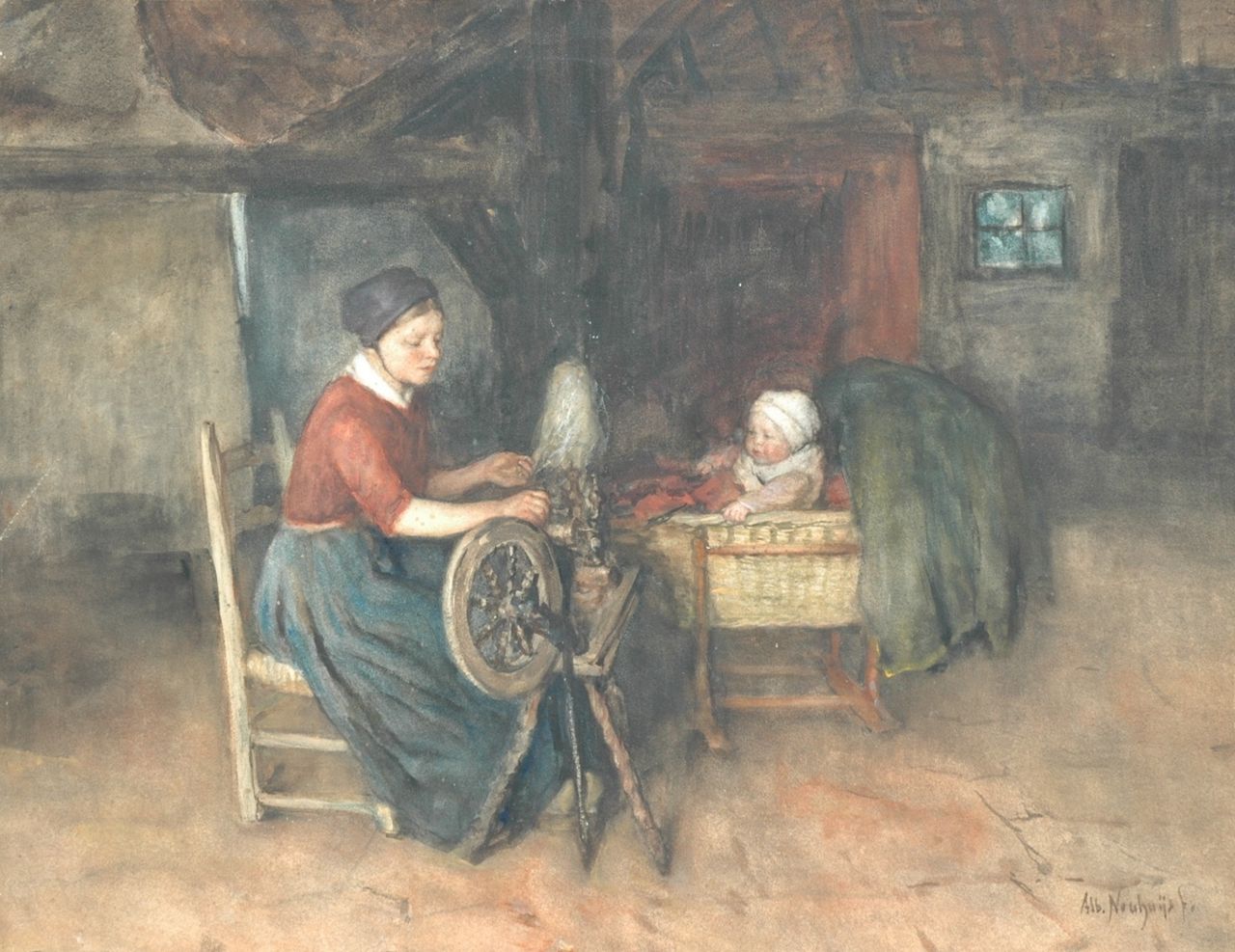 Neuhuys J.A.  | Johannes 'Albert' Neuhuys, Young farmer's wife at the spinning wheel with her baby in a cradle, watercolour on paper laid down on board 52.3 x 67.5 cm, signed l.r.