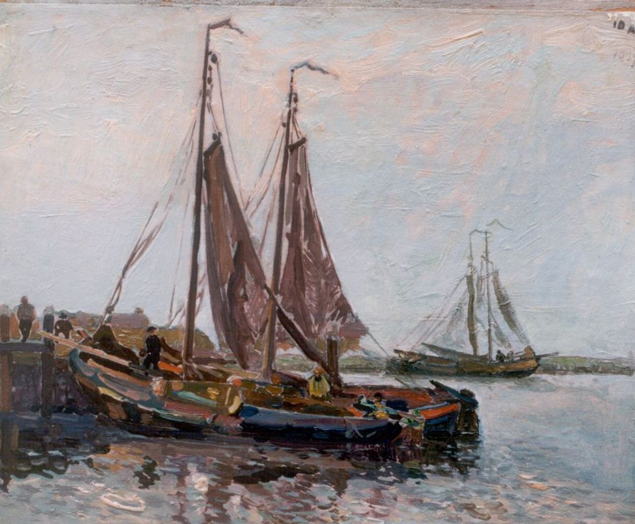 Elsinga J.  | Johannes 'Joh' Elsinga, Moored sailing vessels, oil on canvas laid down on panel 26.6 x 31.5 cm, dated 1937