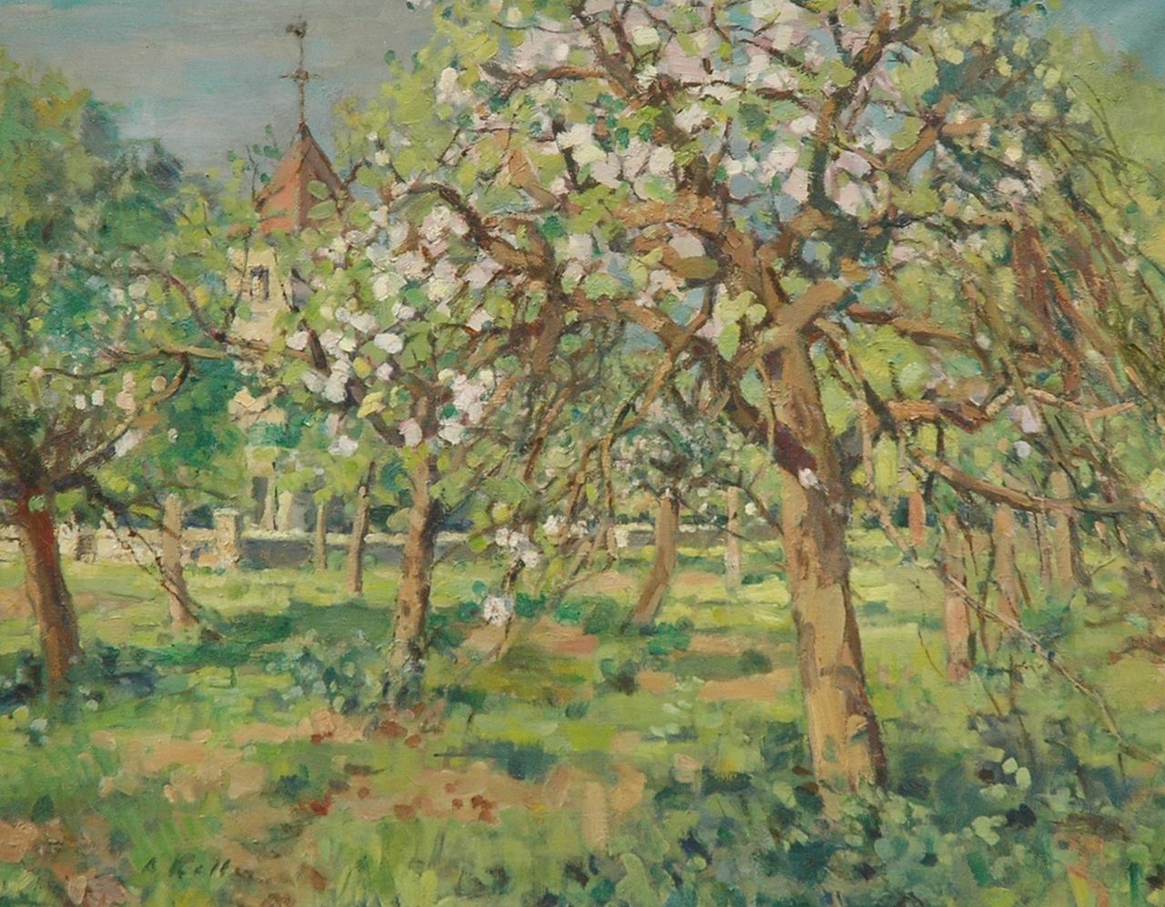 Keller A.  | Adolphe Keller, Orchard in bloom, oil on canvas 73.4 x 92.3 cm, signed l.l. and dated 1954 on the stretcher