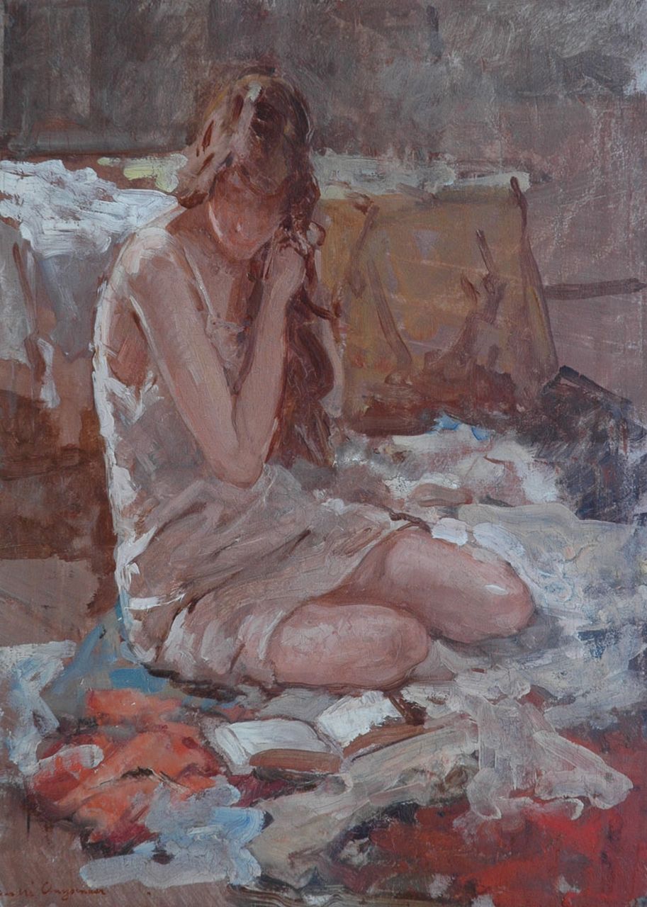 Cluysenaar A.E.A.  | 'André' Edmond Alfred Cluysenaar, Young lady making her toilet, oil on panel 33.1 x 23.8 cm, signed l.l.