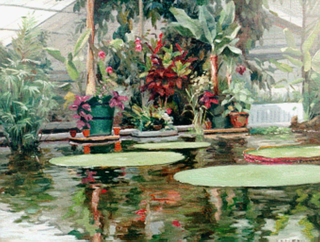 Fleur J.W.  | Johan Willem 'Willy' Fleur, Botanical greenhouse with Victoria Regina, oil on canvas 40.0 x 50.0 cm, signed l.r.